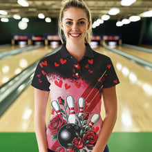 Load image into Gallery viewer, Custom Black And Red Heart Theme Valentine Bowling Polo Shirts For Women, Couple Bowling Shirt IPHW8353