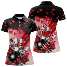 Load image into Gallery viewer, Custom Black And Red Heart Theme Valentine Bowling Polo Shirts For Women, Couple Bowling Shirt IPHW8353