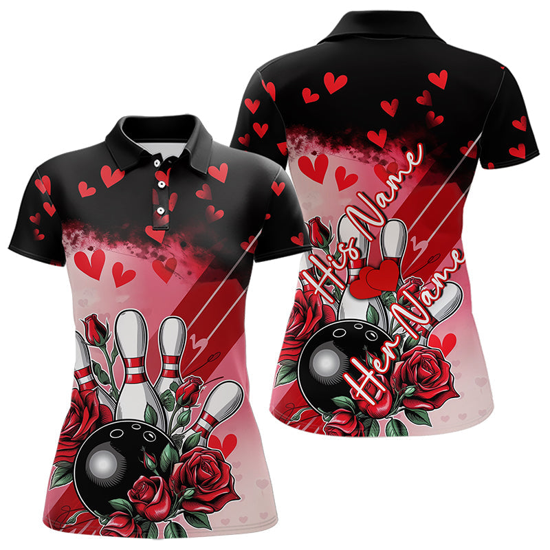 Custom Black And Red Heart Theme Valentine Bowling Polo Shirts For Women, Couple Bowling Shirt IPHW8353