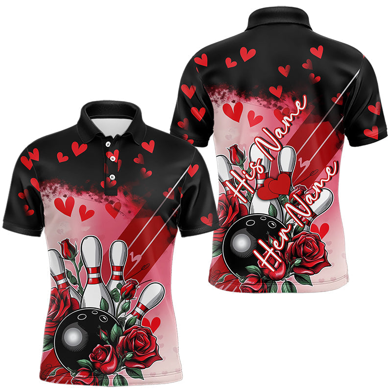 Custom Black And Red Heart Theme Valentine Bowling Polo Shirts For Men, Couple Bowling Shirt IPHW8353