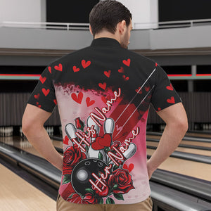 Custom Black And Red Heart Theme Valentine Bowling Quarter-Zip Shirt For Men, Couple Bowling Shirt IPHW8353