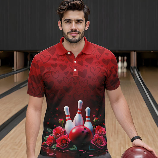 Red Heart Theme Custom Valentines Bowling Polo Shirt For Men, Couple Bowling Outfits IPHW8357