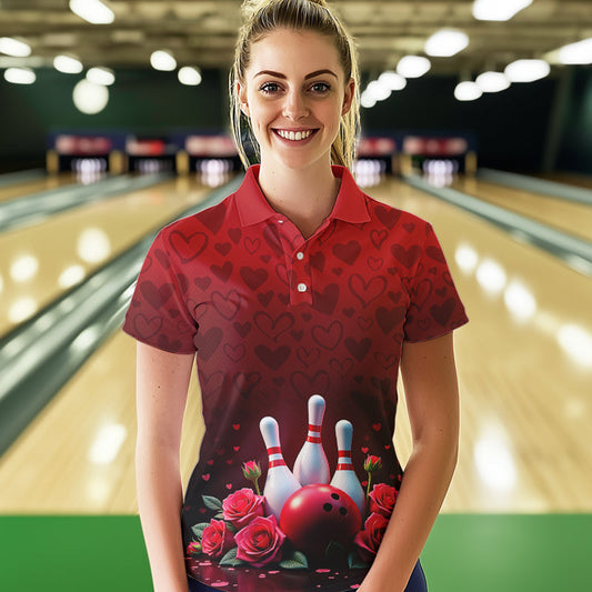 Red Heart Theme Custom Valentines Bowling Polo Shirt For Women, Couple Bowling Outfits IPHW8357