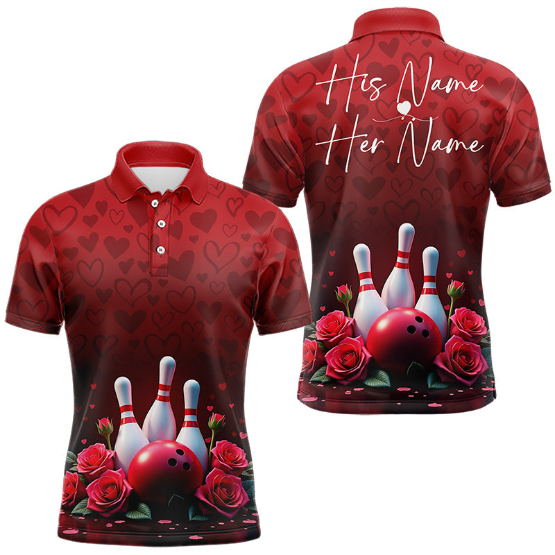 Red Heart Theme Custom Valentines Bowling Polo Shirt For Men, Couple Bowling Outfits IPHW8357