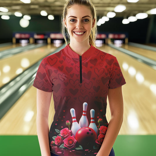 Red Heart Theme Custom Valentines Bowling Quarter-Zip Shirt For Women, Couple Bowling IPHW8357