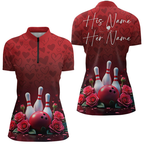 Red Heart Theme Custom Valentines Bowling Quarter-Zip Shirt For Women, Couple Bowling IPHW8357