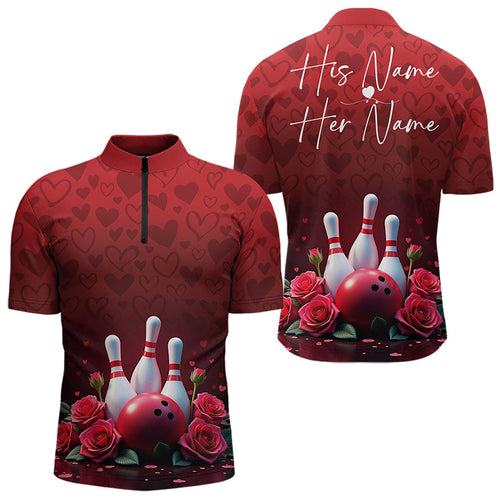 Red Heart Theme Custom Valentines Bowling Quarter-Zip Shirt For Men, Couple Bowling Outfits IPHW8357