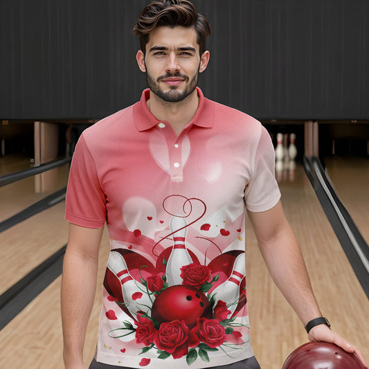 Bowling And Red Roses Custom Valentine Bowling Polo Shirts For Men Bowling Couple Outfits IPHW8358