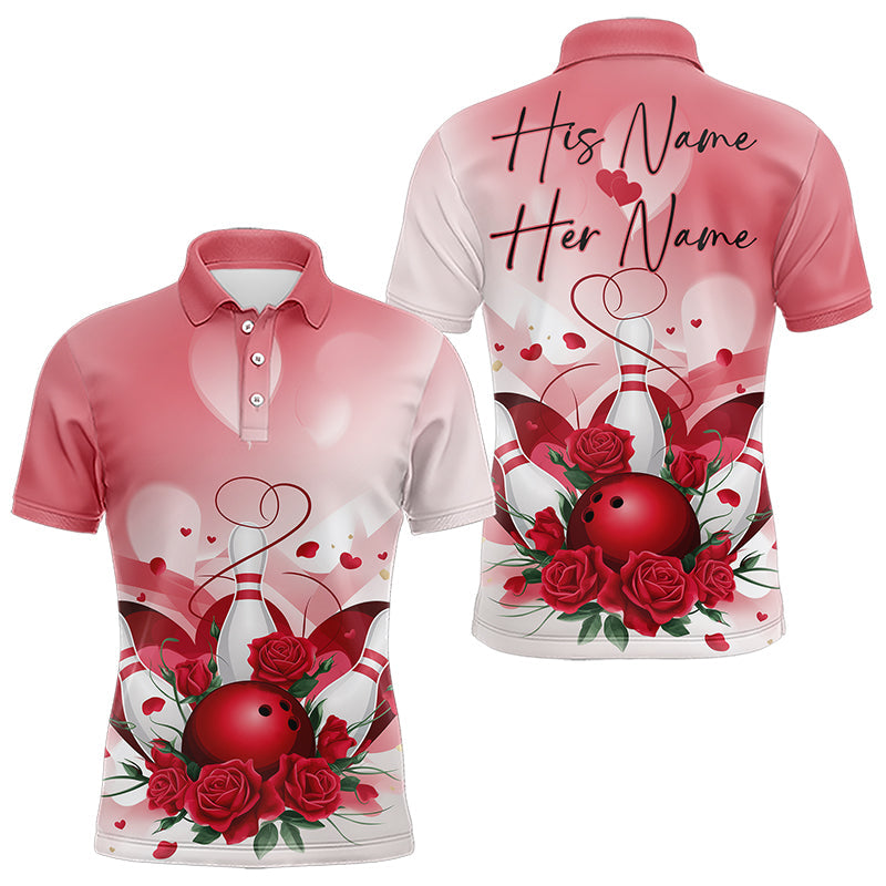 Bowling And Red Roses Custom Valentine Bowling Polo Shirts For Men Bowling Couple Outfits IPHW8358
