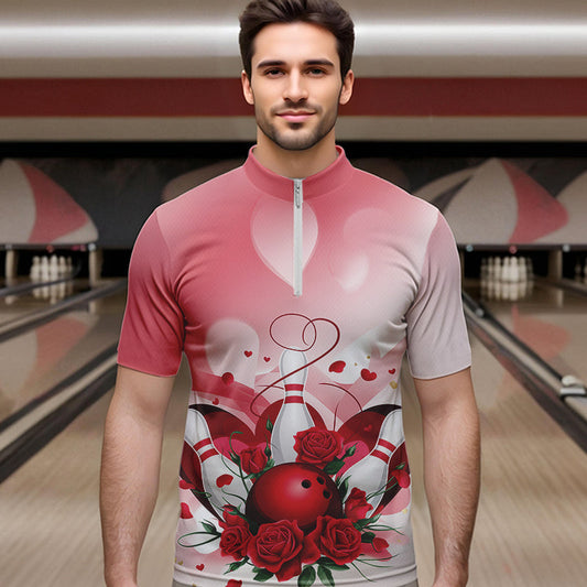 Bowling And Red Roses Custom Valentine Bowling Quarter-Zip Shirts For Men Bowling Couple Outfits IPHW8358