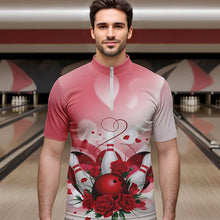 Load image into Gallery viewer, Bowling And Red Roses Custom Valentine Bowling Quarter-Zip Shirts For Men Bowling Couple Outfits IPHW8358