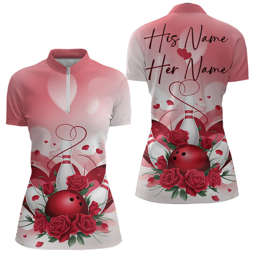 Bowling And Red Roses Custom Valentine Bowling Quarter-Zip Shirts For Women Bowling Couple IPHW8358