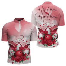 Load image into Gallery viewer, Bowling And Red Roses Custom Valentine Bowling Quarter-Zip Shirts For Men Bowling Couple Outfits IPHW8358