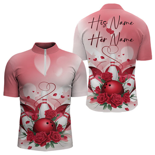 Bowling And Red Roses Custom Valentine Bowling Quarter-Zip Shirts For Men Bowling Couple Outfits IPHW8358