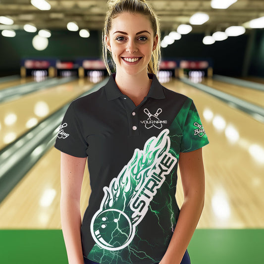 Custom Black And Green Thunder Lightning Strike Bowling Polo Shirts For Women Team Shirt IPHW8534