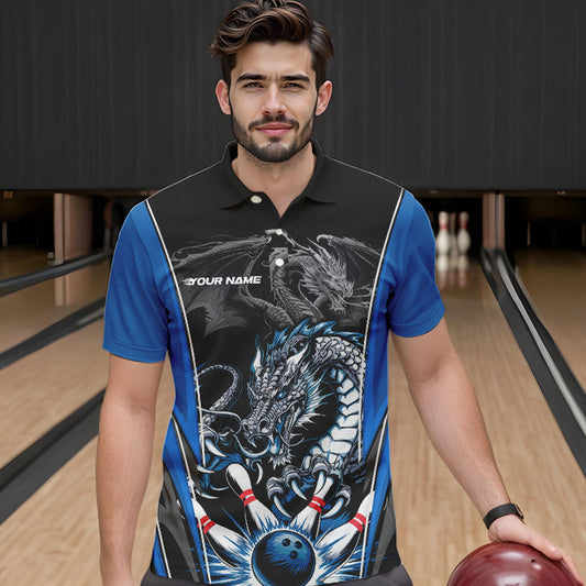 Custom Black And Blue Dragon Bowling Polo Shirts For Men, Dragon Bowling Tournament Uniform IPHW8552