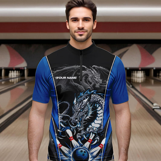 Custom Black And Blue Dragon Bowling Quarter-Zip Shirts For Men, Dragon Bowling Tournament Uniform IPHW8552