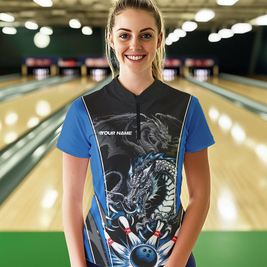 Custom Black And Blue Dragon Bowling Womens Quarter-Zip Shirts, Bowling Tournament Uniform IPHW8552