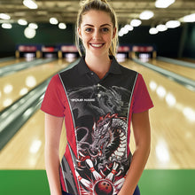 Load image into Gallery viewer, Custom Black And Red Dragon Bowling Polo Shirt For Women, Dragon Bowling Tournament Uniform IPHW8553