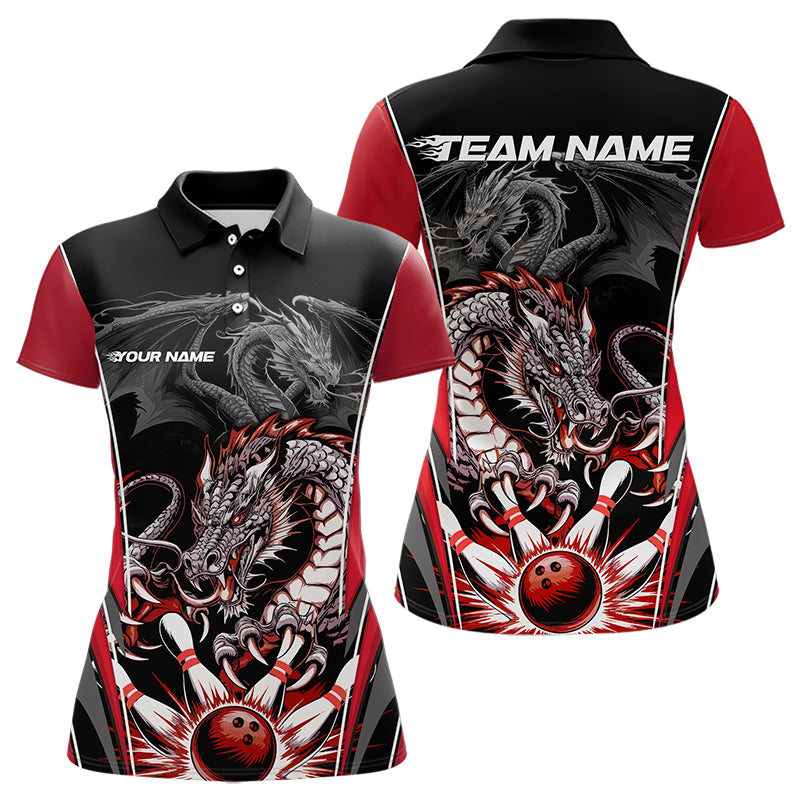 Custom Black And Red Dragon Bowling Polo Shirt For Women, Dragon Bowling Tournament Uniform IPHW8553