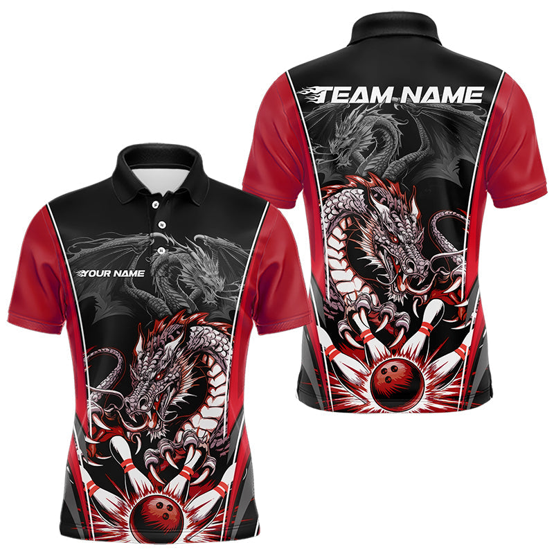 Custom Black And Red Dragon Bowling Polo Shirts For Men, Dragon Bowling Tournament Uniform IPHW8553