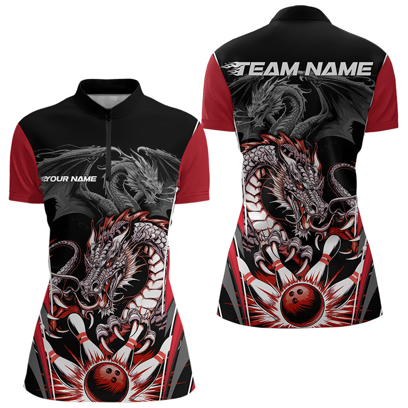 Custom Black And Red Dragon Bowling Womens Quarter-Zip Shirts, Bowling Tournament Uniform IPHW8553