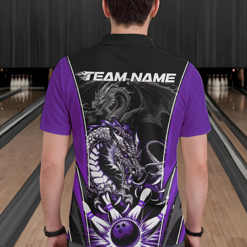 Custom Black And Purple Dragon Bowling Polo Shirts For Men, Dragon Bowling Tournament Uniform IPHW8554