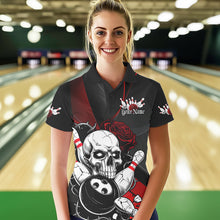 Load image into Gallery viewer, Custom Black And Red Roses Skull Bowling Team Polo Shirts For Women, Skull Bowling Jerseys IPHW8870