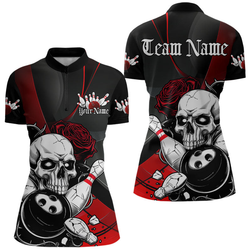 Custom Black And Red Roses Skull Bowling Team Women Quarter-Zip Shirt, Skull Bowling Jersey IPHW8870