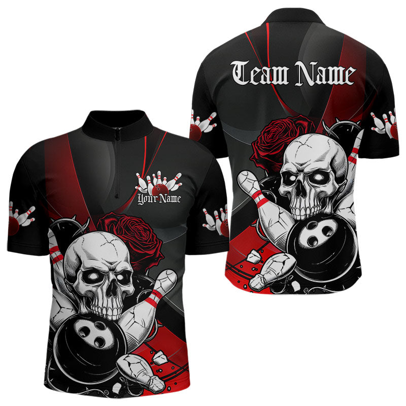 Custom Black And Red Roses Skull Bowling Team Quarter-Zip Shirts For Men, Skull Bowling Jerseys IPHW8870
