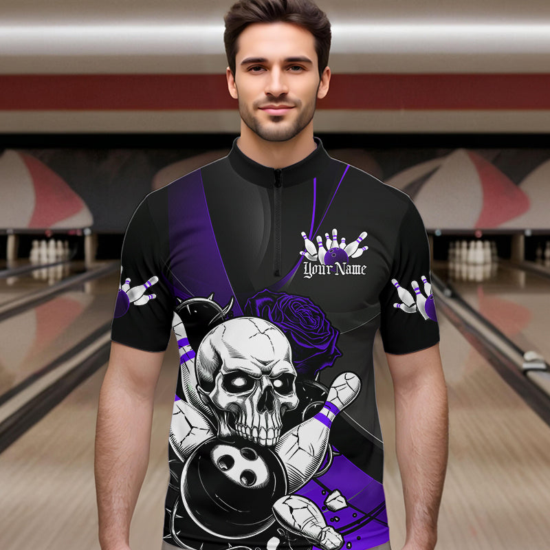 Custom Black And Purple Roses Skull Bowling Team Quarter-Zip Shirts For Men, Skull Bowling Jerseys IPHW8871