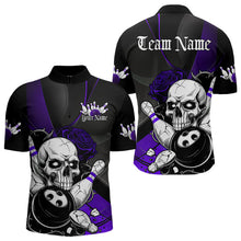 Load image into Gallery viewer, Custom Black And Purple Roses Skull Bowling Team Quarter-Zip Shirts For Men, Skull Bowling Jerseys IPHW8871