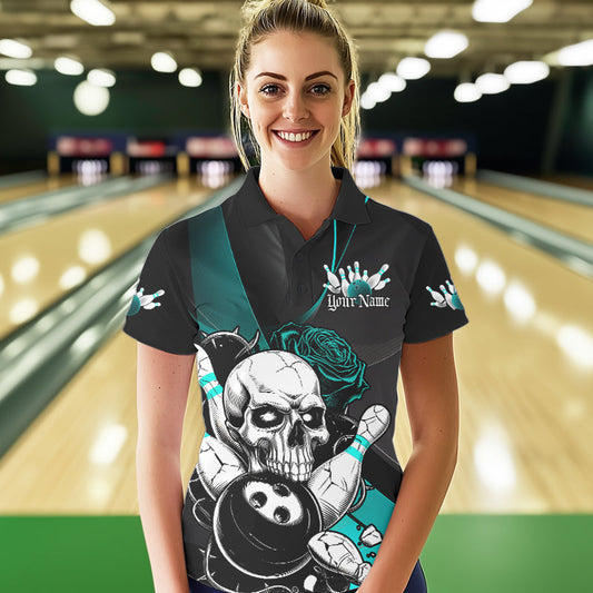 Custom Black And Blue Roses Skull Bowling Team Polo Shirts For Women, Skull Bowling Jerseys IPHW8872