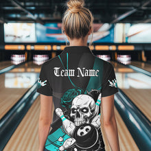 Load image into Gallery viewer, Custom Black And Blue Roses Skull Bowling Team Polo Shirts For Women, Skull Bowling Jerseys IPHW8872