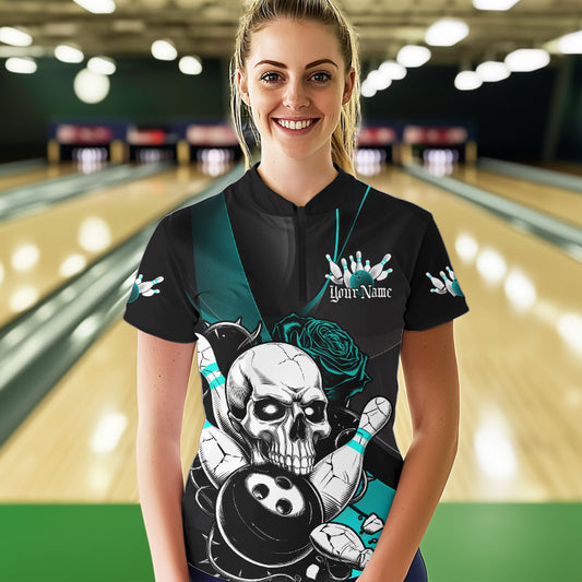 Custom Black And Blue Roses Skull Bowling Women Quarter-Zip Shirts, Skull Bowling Jerseys IPHW8872