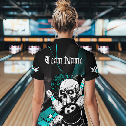 Custom Black And Blue Roses Skull Bowling Women Quarter-Zip Shirts, Skull Bowling Jerseys IPHW8872