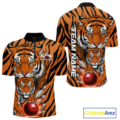 Custom Tiger Print Bowling Team Shirts, Tiger Men Quarter-Zip Shirts With Name IPHW9095