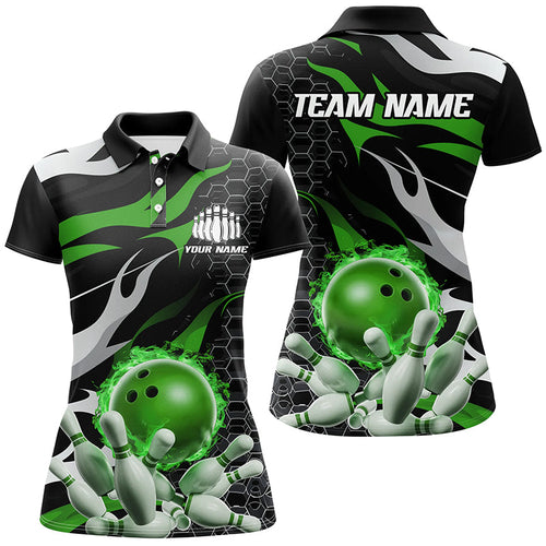 Green And Black Custom Flame Bowling Shirts For Women, Bowling Team Shirts IPHW6791