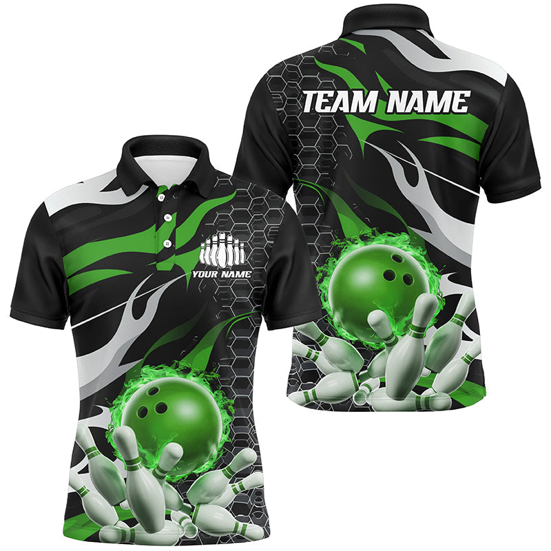 Green And Black Custom Flame Bowling Shirts For Men, Bowling Team Shirts Bowling Uniform IPHW6791