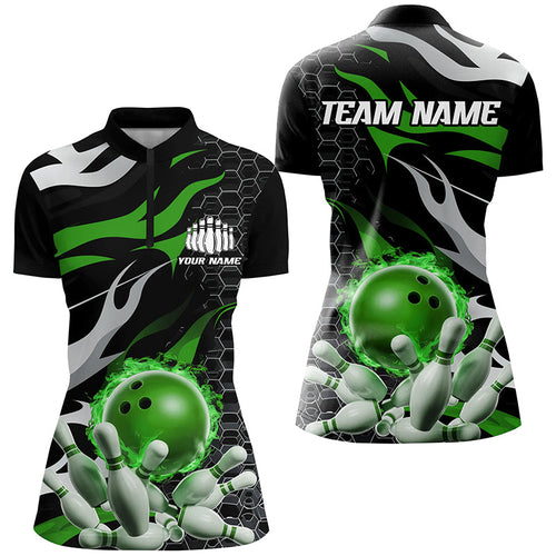 Green And Black Custom Flame Bowling Quarter Zip Shirts For Women, Bowling Team Shirts IPHW6791