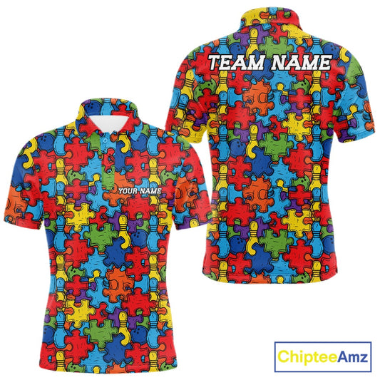 Front and back views of a short-sleeve polo shirt featuring a colorful puzzle-piece pattern in red, blue, yellow, green, and purple. The front has a white placeholder text 'YOUR NAME' on the chest, and the back has 'TEAM NAME' in white.