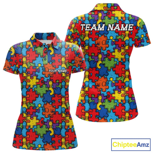 Front and back views of a short-sleeve polo shirt featuring a colorful puzzle piece pattern in red, blue, yellow, green, and purple. The front has a small white text placeholder 'YOUR NAME' on the left chest, and the back has a larger 'TEAM NAME' across the shoulders.