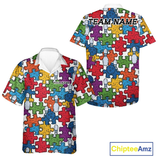 A short-sleeve collared button-up shirt shown from both front and back, featuring a colorful puzzle-piece pattern with bowling pins and bowling balls. The front has a small 'YOURNAME' placeholder and the back has 'TEAM NAME' placeholder text, indicating customizable apparel.