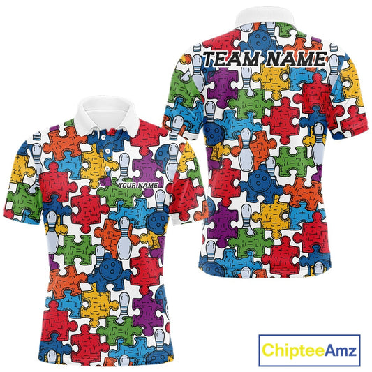 Front and back views of a short-sleeve polo shirt with a colorful puzzle-piece pattern on a white background. The front shows a white collar and a small customizable text print on the chest, while the back has a larger 'TEAM NAME' print across the shoulders.