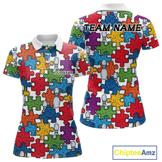 Front and back views of a women's short-sleeve polo shirt featuring a colorful puzzle-piece pattern with bowling pins. The shirt has a white collar, customizable text areas on the chest and back, and is displayed on a white background with a ChipteeAmz logo in the bottom right corner.
