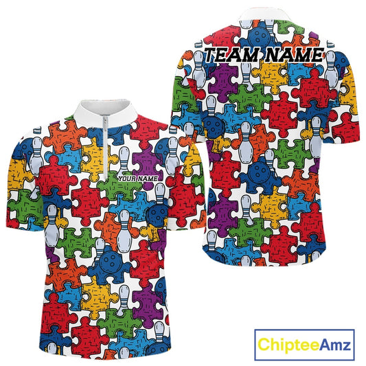 Front and back views of a short-sleeve polo shirt featuring a colorful bowling-pin and puzzle-piece pattern on a white background, with customizable text placeholders 'TEAM NAME' and 'YOUR NAME' printed on the back and chest. A 'ChipteeAmz' logo is visible in the bottom right corner.