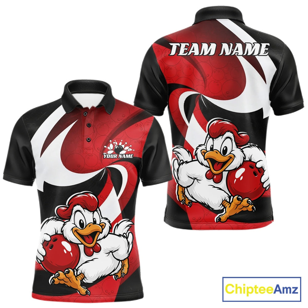 Custom Black And Red Cute Funny Chicken Bowling Jerseys Bowling Team Shirt For Men IPHW11626