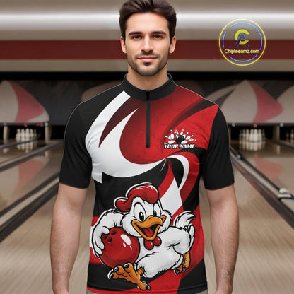 Custom Black And Red Cute Funny Chicken Bowling Jerseys Bowling Team Shirt For Men IPHW11626