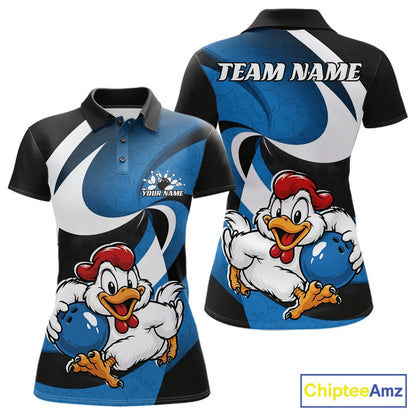 Custom Black And Blue Cute Funny Chicken Bowling Jerseys Bowling Team Shirt For Women IPHW11627
