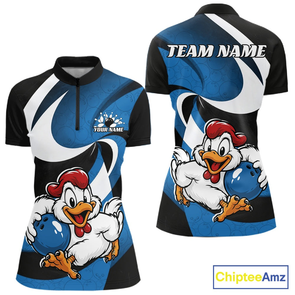 Custom Black And Blue Cute Funny Chicken Bowling Jerseys Bowling Team Shirt For Women IPHW11627